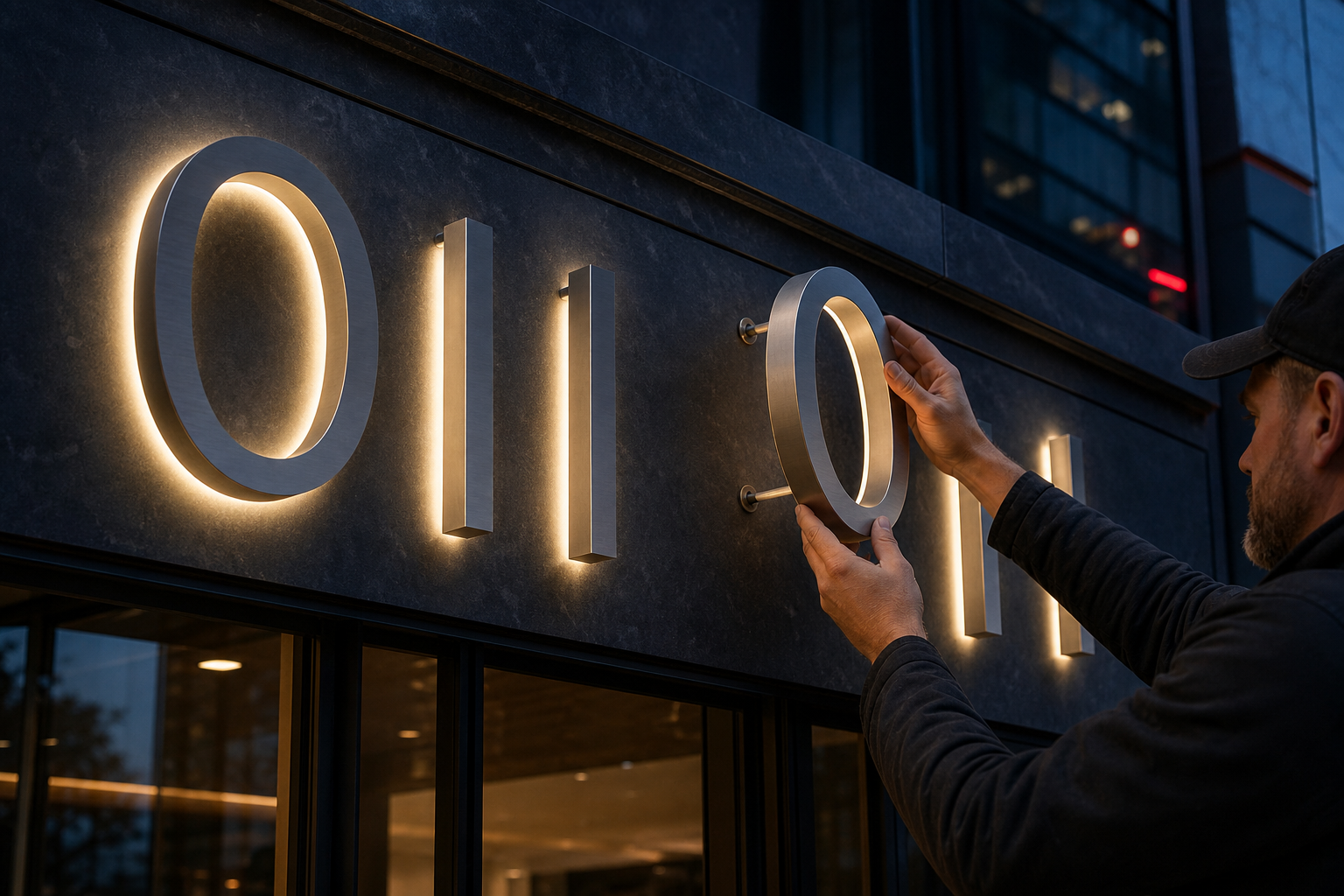 Instalación profesional de letras corpóreas retroiluminadas