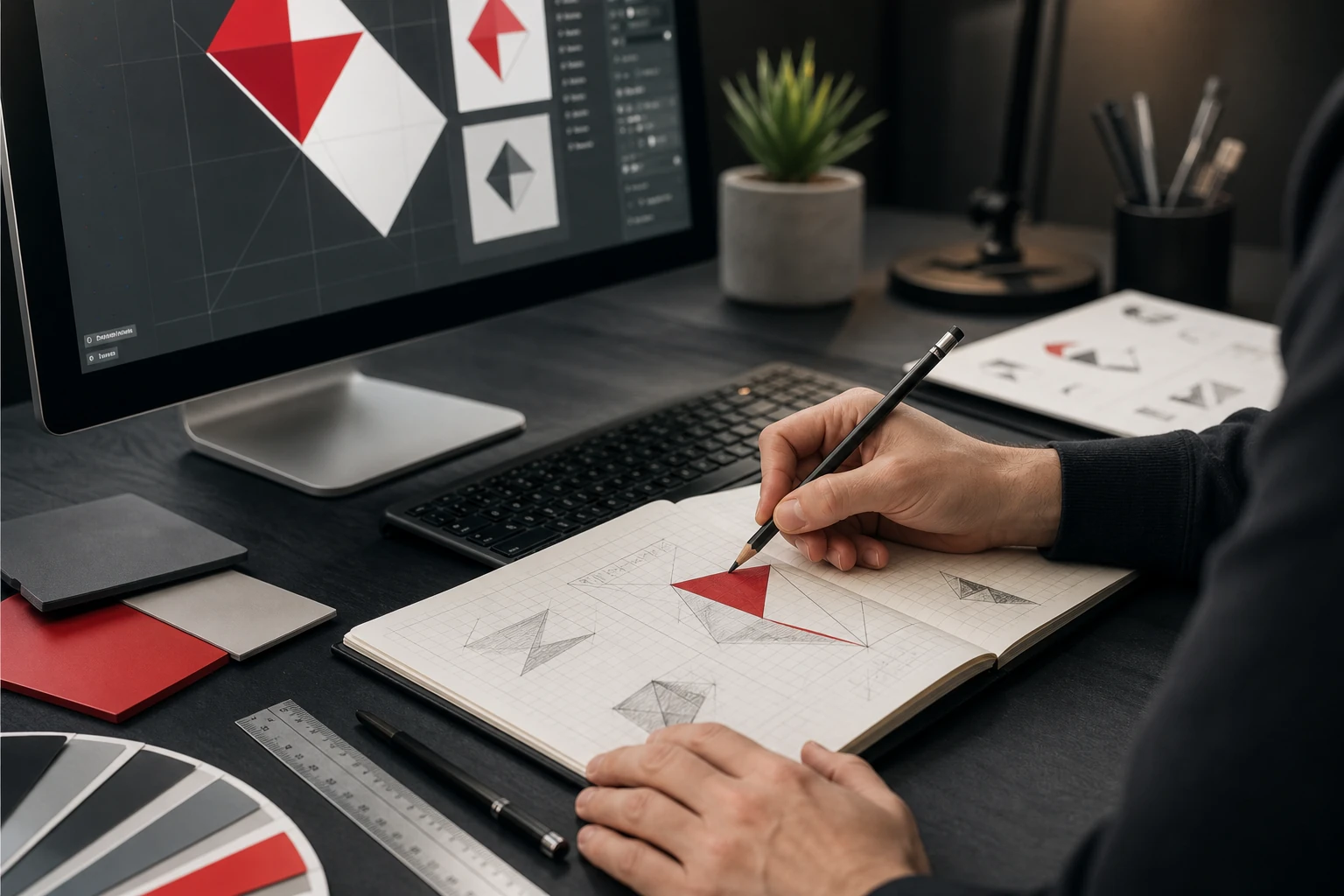 Proceso profesional de diseño de un logotipo geométrico