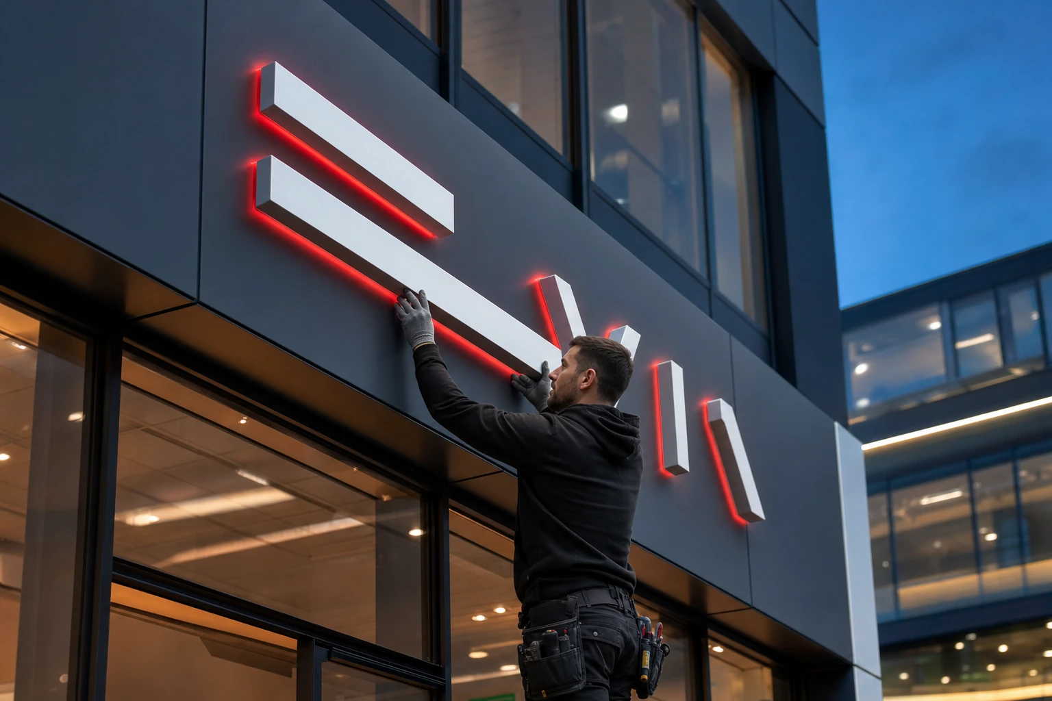 Instalación de letras de PVC retroiluminadas sobre una fachada de composite