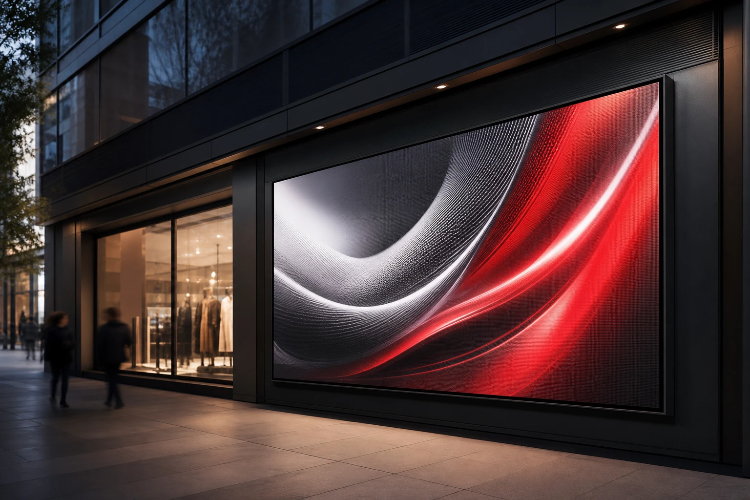 Pantalla LED profesional integrada en una fachada comercial