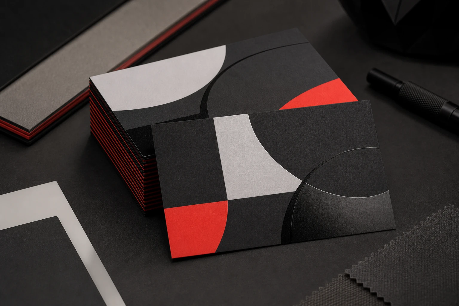 Tarjetas de visita premium con acabados en negro, blanco y rojo